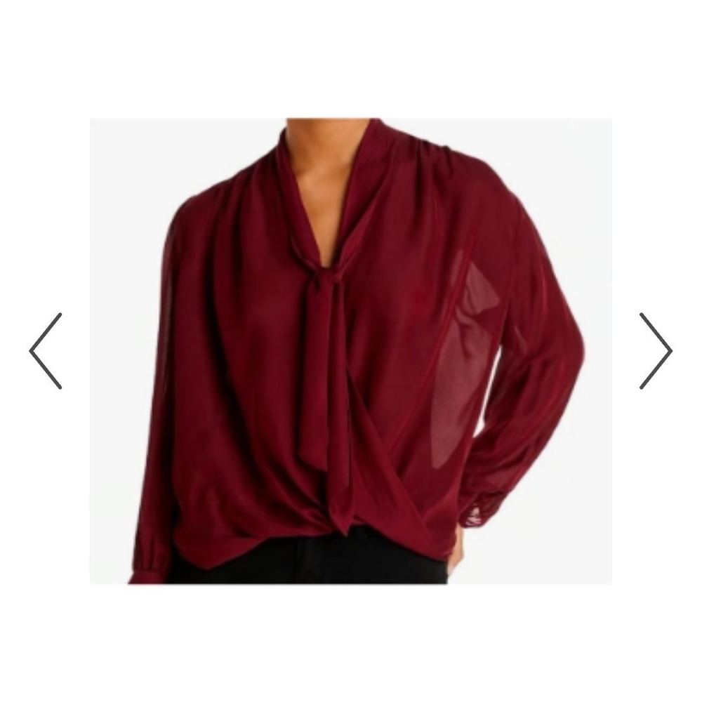 7 For All Mankind Top S Runched Tie Neck Wine Silk Office Feminine Boho Peasant